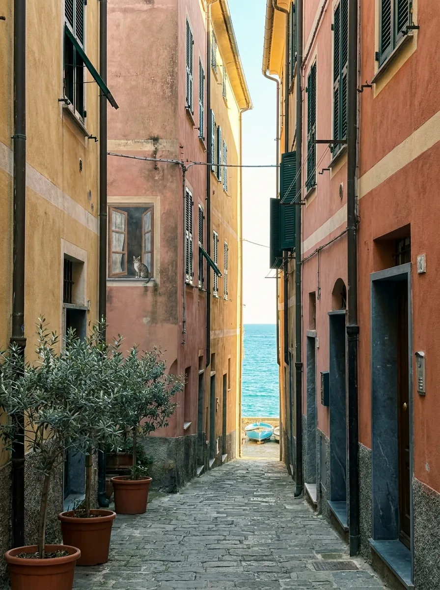 Vicolo in discesa fra case colorate che si apre sul mare, con vasi di ulivo lungo il muro
