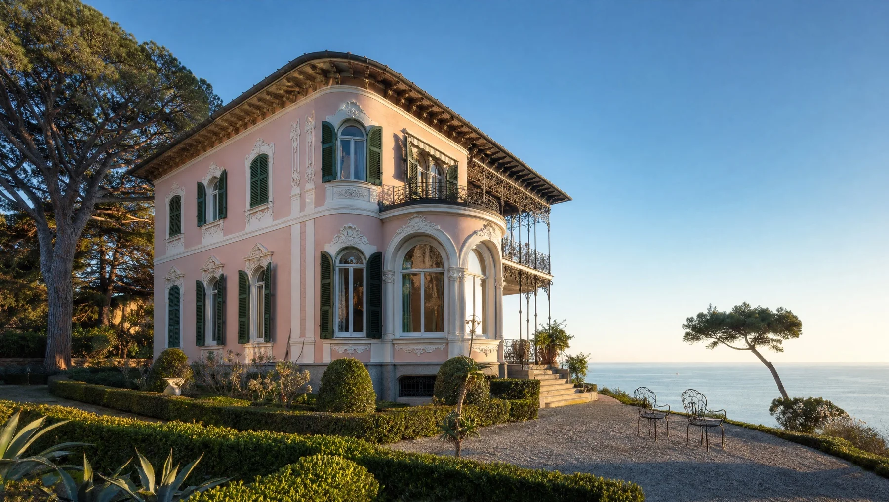 Villa Liberty rosa a due piani con loggia in ferro battuto, affacciata sul mare fra pini marittimi e siepi potate