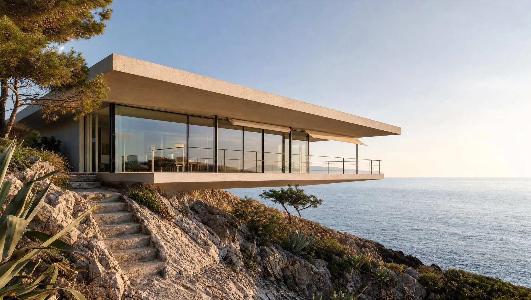 Casa contemporanea a un piano con copertura piana sporgente e vetrata continua, posata su una scogliera calcarea sopra il mare aperto