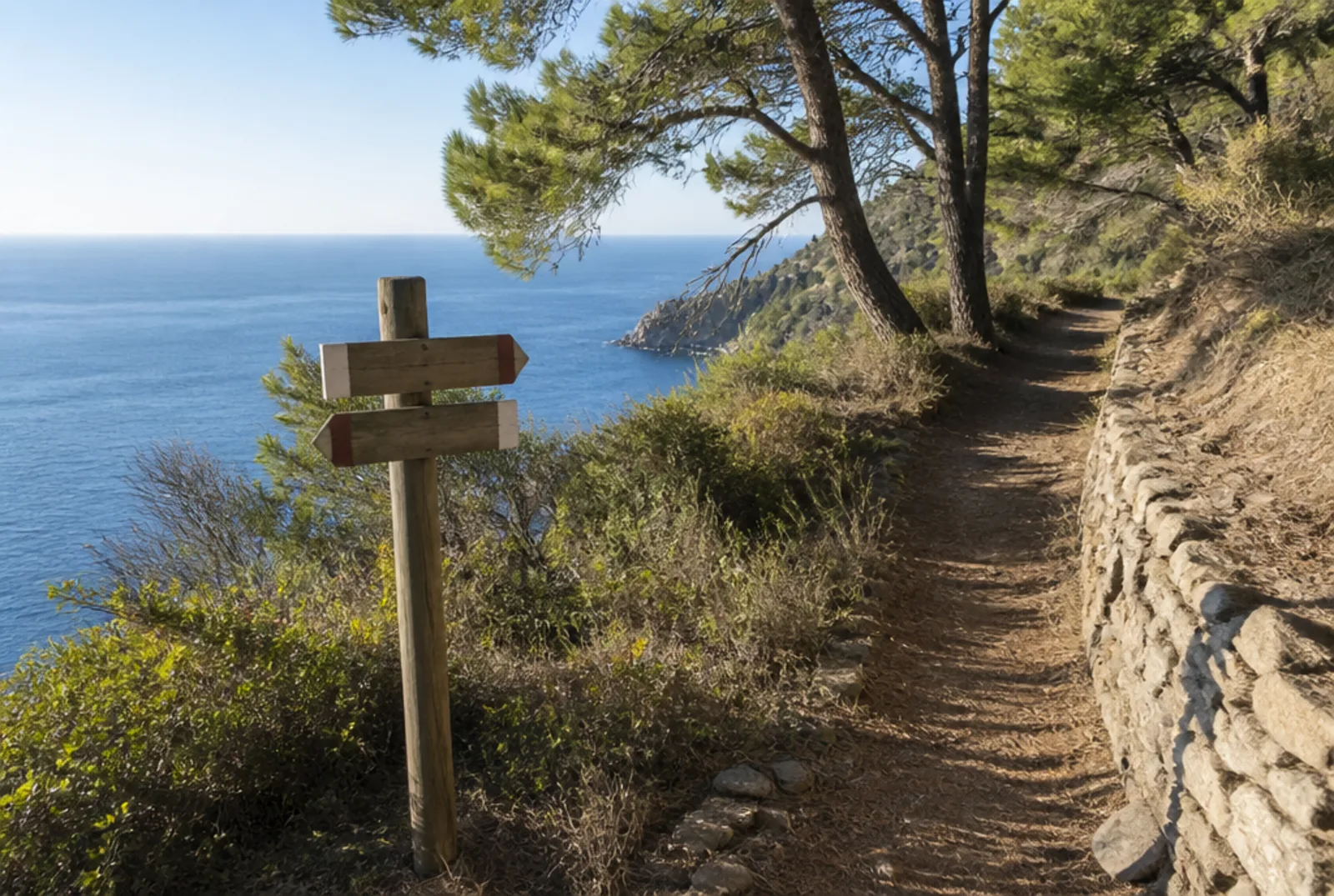 Il sentiero costiero con il muretto a secco e la palina segnavia.