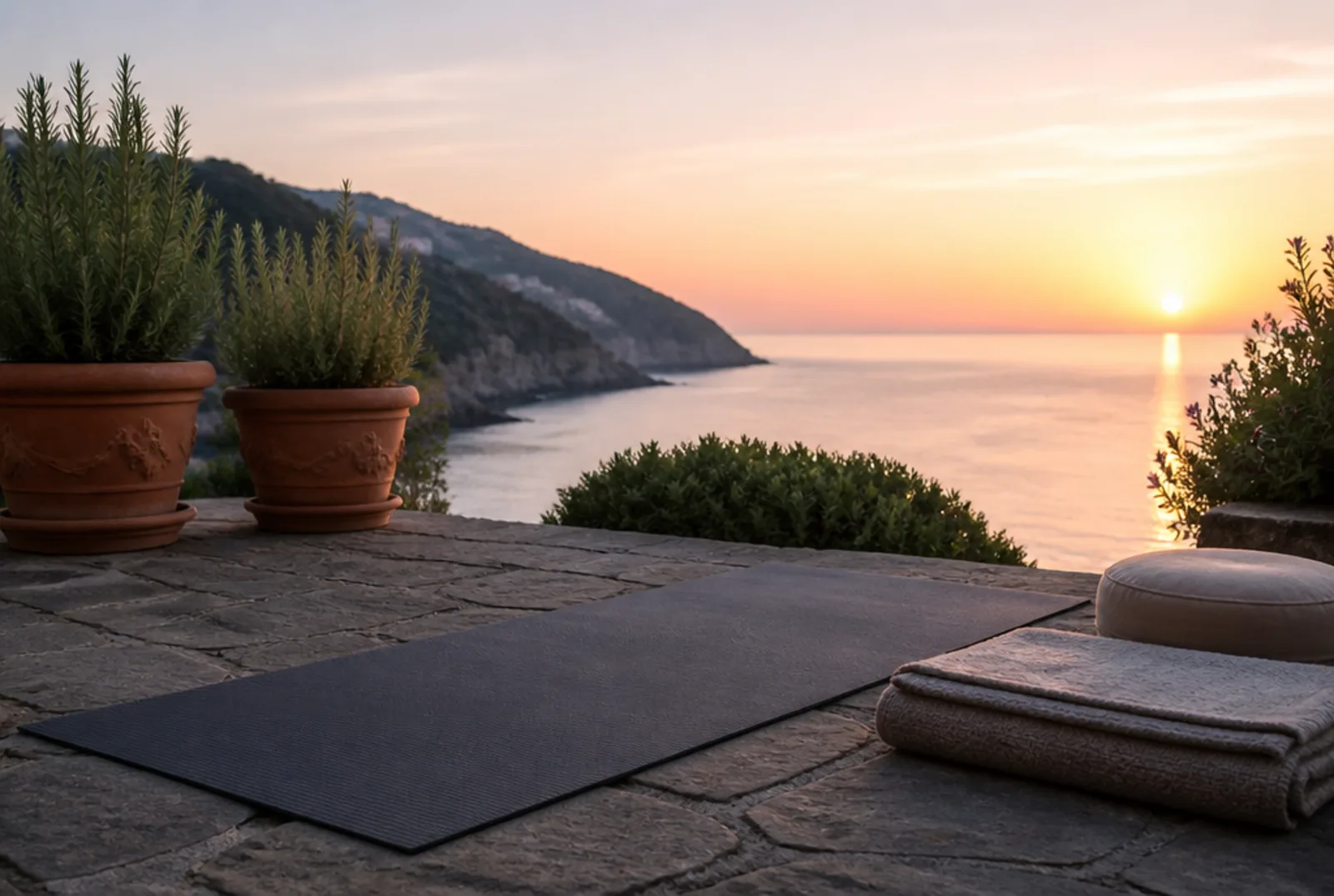 Il tappetino steso sulla terrazza di pietra davanti al mare, alle prime luci.