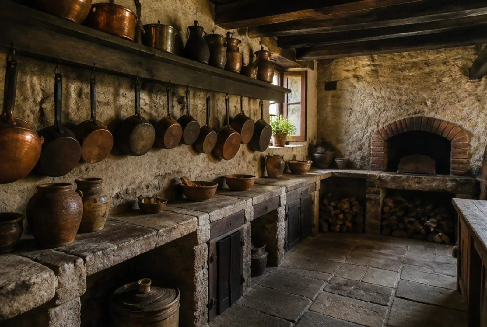 La cucina di pietra al piano terra, con le pentole di rame appese al ferro, il piano di lavoro in pietra e il forno a legna in muratura sulla destra