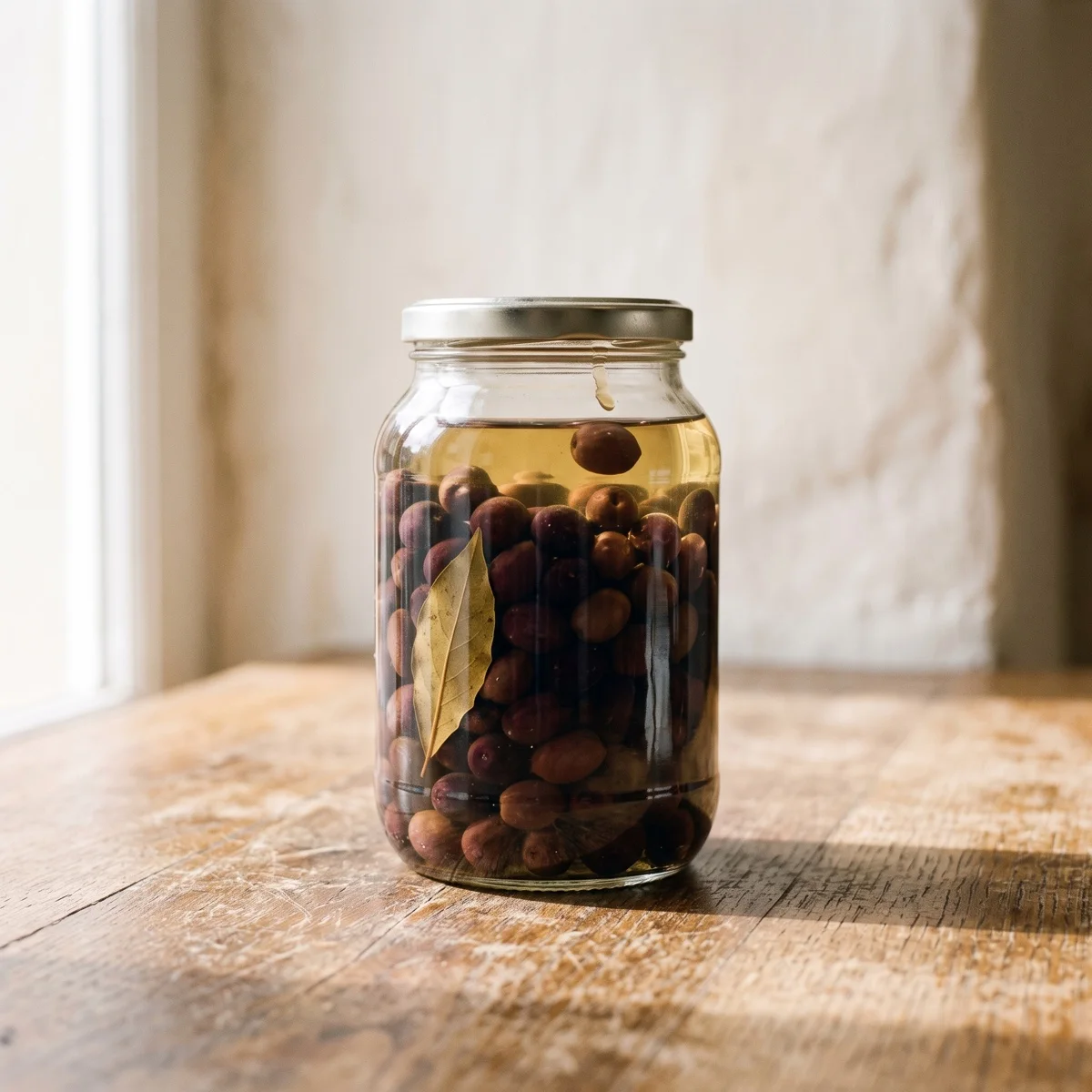 Vaso di olive in salamoia con foglia di alloro.