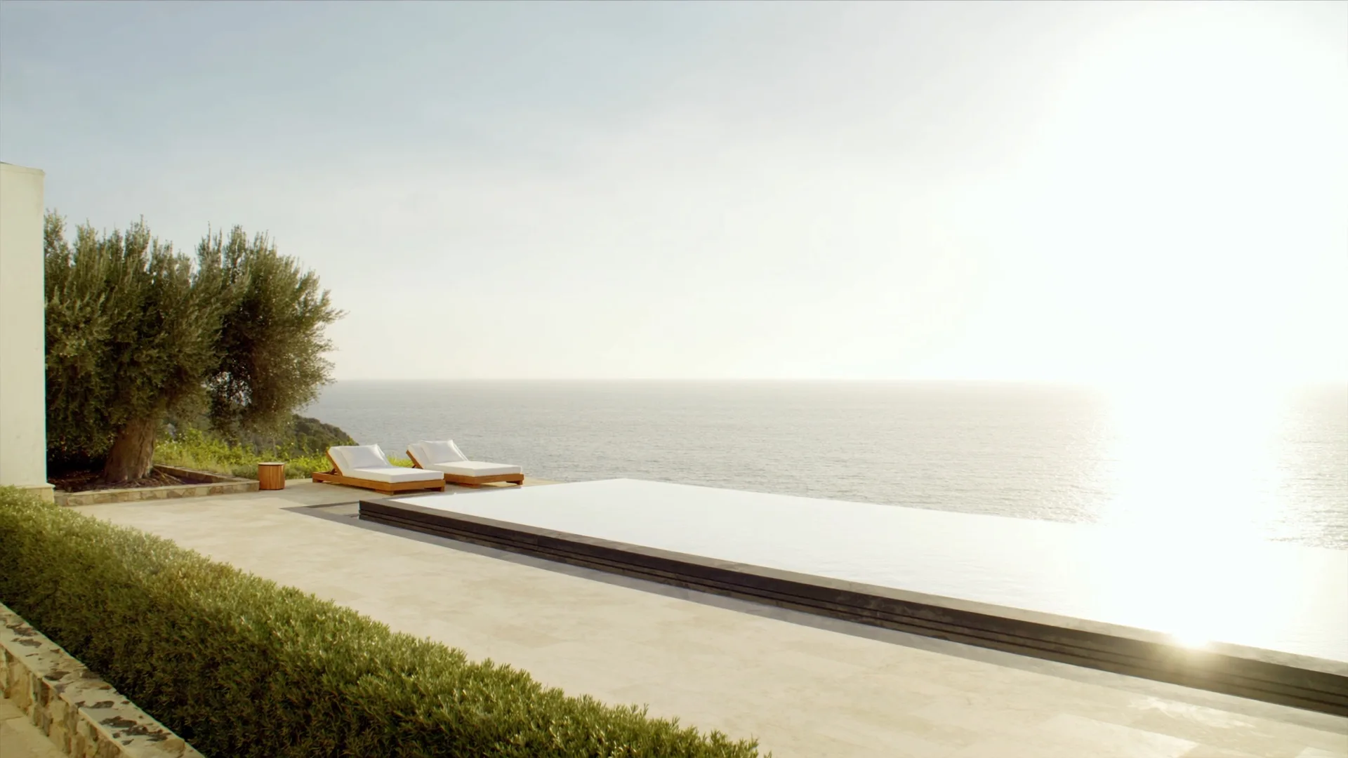Piscina a sfioro che si confonde con il mare, due lettini di legno e un ulivo secolare sulla sinistra, controluce di sera